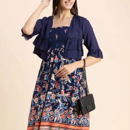 Moomaya Navy Floral Print A Line Dress With Shrug-image-28