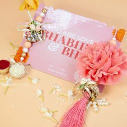 Fida Designer Handmade Pink Tassel Floral Pearl Lumba Rakhi & Roli Chawal for Unisex - Set of 2-45