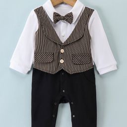 Mark & Mia Full Sleeves Party Wear Romper With Bow Striped - White & Brown-image-94