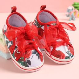 Babyoye Laced Up  Booties with Floral Print -  Red-image-80