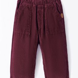 Little Kangaroos 100% Cotton Woven Full Length Trouser Pant Solid Colour with Bear Patch - Dark Red-image-27