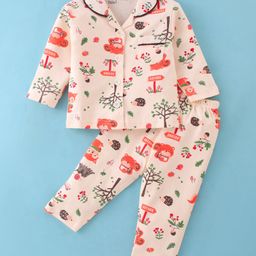 Little Darlings Cotton Knit Full Sleeves Night Suit With Autumn Forest Print - Cream-image-73