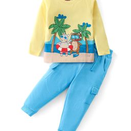 Babyhug Cotton Knit Full Sleeves T-Shirt & Lounge Pants Set With Beach Animals Print - Yellow & Blue-image-96