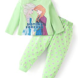 Babyhug Disney Cotton Knit Full Sleeves Night Suit with Elsa & Anna Graphics - Light Green-image-96