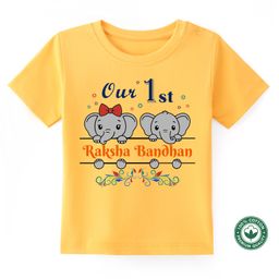 BLUSHES Rakhi Theme 100% Cotton Half Sleeves Our First Raksha Bandhan Text Printed Tee - Yellow-image-50