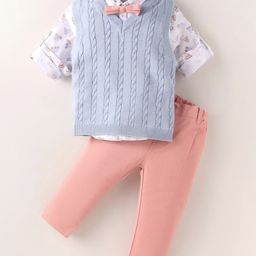 ToffyHouse 100% Cotton Woven Full Sleeves Vehicle Printed Shirt & Full Length Trouser Setwith Flat Knit Sweater & Bow - Pink-image-15