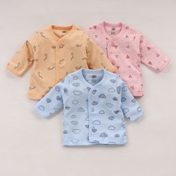 Zero Interlock Knit Full Sleeves Front Open Vests Bunny & Polar Bear Print Pack  of 3 - Pink Green & Blue-19