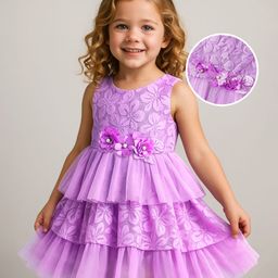 Babyhug Woven Sleeveless Party Dress With Floral Applique & Lace Detailing - Lilac-picture-15