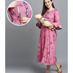 Dummy Shape Viscose Rayon Three Fourth Bell Sleeves Floral Printed Maternity Flared Kurta With Nursing Access - Baby Pink-image-8