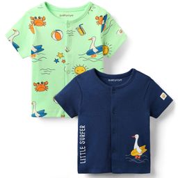 Babyoye 100% Cotton Interlock Knit Half Sleeves Vest With Bird Print Pack Of 2 - Navy Blue & Light Green-picture-13