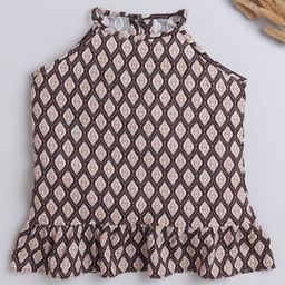 The Magic Wand Rayon Sleeveless Ikat Printed & Frill Detailed Top - Brown-image-5