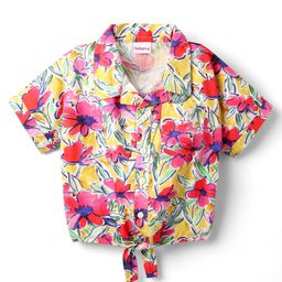 Babyhug Poplin Woven Half Sleeves Collard Knotted Top with Floral Print - Pink-image-65