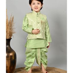 BT DEZINES Jacquard Full Sleeves Solid Kurta Dhoti With Damask Designed Jacket Set - Pista Green-image-35