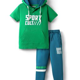 Pine Kids Cotton Knit Half Sleeves Cut & Sew Hooded T-Shirt & Lounge Pant Set with Text Print - Teal Blue & Green-image-91