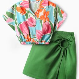 OLLINGTON ST. Woven Viscose Floral Printed Half Sleeves Top & Cotton Twill Skirt Set - Multicolor & Green-image-96
