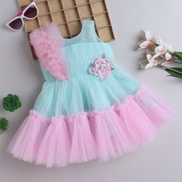Many frocks & Net Sleeveless Floral Applique Ruffle Detailed Dress - Sea Green & Pink-picture-12