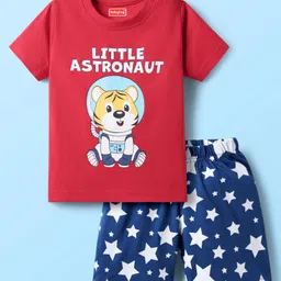 Babyhug Cotton Knit Half Sleeves Shorts Night Suit With Tiger Print - Red & Blue-picture-21