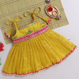 Many frocks & Chanderi Woven Sleeveless Foil Checked Threadwork Embroidered & Sequins Embellished Dress - Yellow-image-2