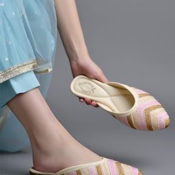 Shoetopia Chevron Embroidered Slip On Mules - Cream-image-88