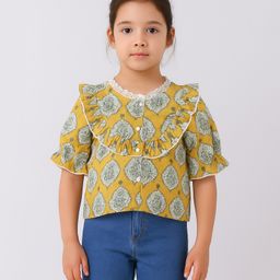 Aww Hunnie 100% Cotton Woven Half Peasant Sleeves Floral Motifs Printed Top - Mustard-picture-23