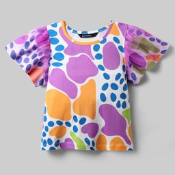Pine Kids Cotton Knit Flutter Sleeves Top with Abstract Print - White & Plum-image-79