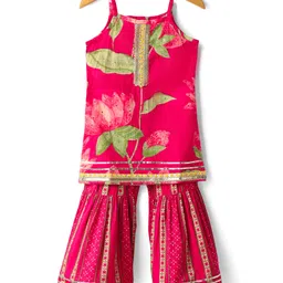 Saka Designs Cotton Woven Sleeveless Kurti & Gharara Set with Floral Print - Red-picture-31