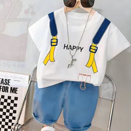 Googo Gaaga Cotton Woven Half Sleeves Happy Text Printed Tee & Shorts Set - White-picture-23