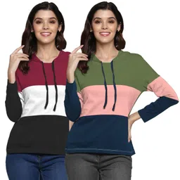 Moda Rapido Women Pack Of 2 Colourblocked Hood Cotton T-shirts-image-4
