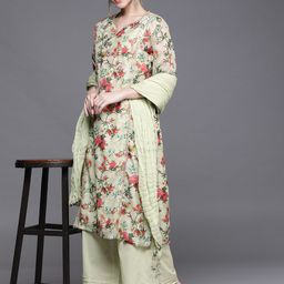 Biba Women Green & Red Floral Print Sequinned Kurta with Palazzos & Dupatta-picture-33