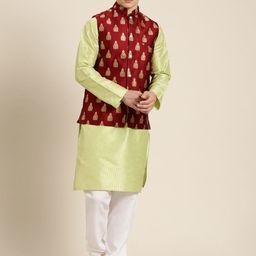 SOJANYA Men Lime Green & Beige Striped Thread Work Straight Kurta Churidar Nehru Jacket-picture-18