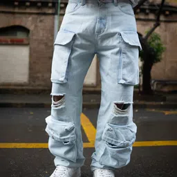 Powerlook Men Loose Fit Ice Blue Torn Baggy Fit Cargo Denim Jeans-image-37