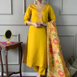 NIZA FASHION Yoke Design V-Neck Art Silk Straight Kurta With Trousers And Dupatta-image-100