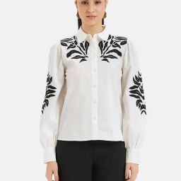 Kazo White Embroidered Cotton Poplin Shirt-image-80