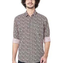 Mufti Pink & Brown Slim Fit Printed Cotton Shirt-image-37