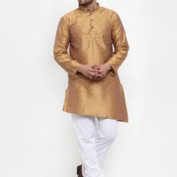 KLOTTHE Men Gold-Toned & Brown Woven Design A-Line Silk Kurta-picture-50