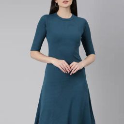 SHOWOFF Teal Knitted Regular Fit A Line Dress-image-49
