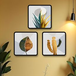 Aura White & Green 3 Pieces Leafs Printed Wooden Wall Art-image-38