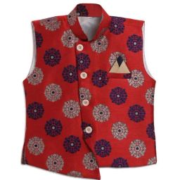 AJ Dezines Kids Red & Grey Floral Print Waistcoat-image-10