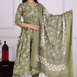 Mishree Collection Women Ethnic Motifs Printed Regular Mirror Work Pure Cotton Kurta with Trousers & With-11