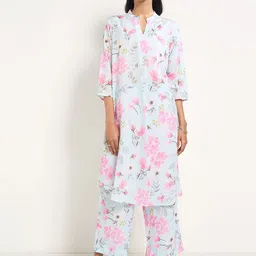 RANGMANCH BY PANTALOONS Floral Printed Mandarin Collar Pure Cotton Kurta With Trousers-picture-13