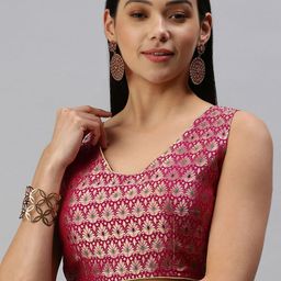 flaher Women Pink & Golden Woven Design Jacquard Padded Blouse-23
