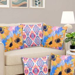 Myntra Elegant Homes Pink & Yellow Set of 5 Floral Velvet Square Cushion Covers-12