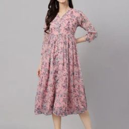 Janasya Pink Printed Midi Dress-image-37