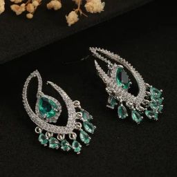 Aatmana Green & White Rhodium-Plated AD Studded Drop Earrings for Women-11