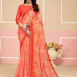 Panzora Floral Printed Saree With Attached Border And Contrast Blouse Piece-image-75