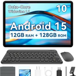 SVITOO Android Tablet 10 inch Android 15 Tablet 2025 for Adults, 12GB RAM 128GB Storage 1TB Expandable, Octa-Core 6000mAh, Includes Keyboard and Mouse Protective Case, Cameras image 1