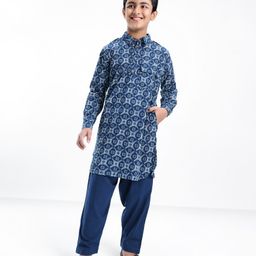Pine Kids Cotton Full Sleeves Printed Pathani Kurta Pyjama Set- Navy Blue-image-44