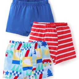 Babyhug 100% Cotton Knit Trunk Stripes & Car Print Pack of 3 - Red & Blue-image-91