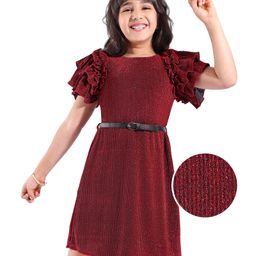 Hola Bonita Half Sleeves Pleated Layered Sleeves Glitter Dress - Red-image-57
