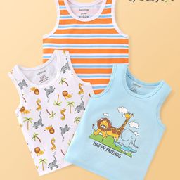 Babyoye Cotton Spandex Knit Sleeveless With Anti Bacterial Finish Striped & Animal Print Vests Pack of 3 -Multicolor-picture-11